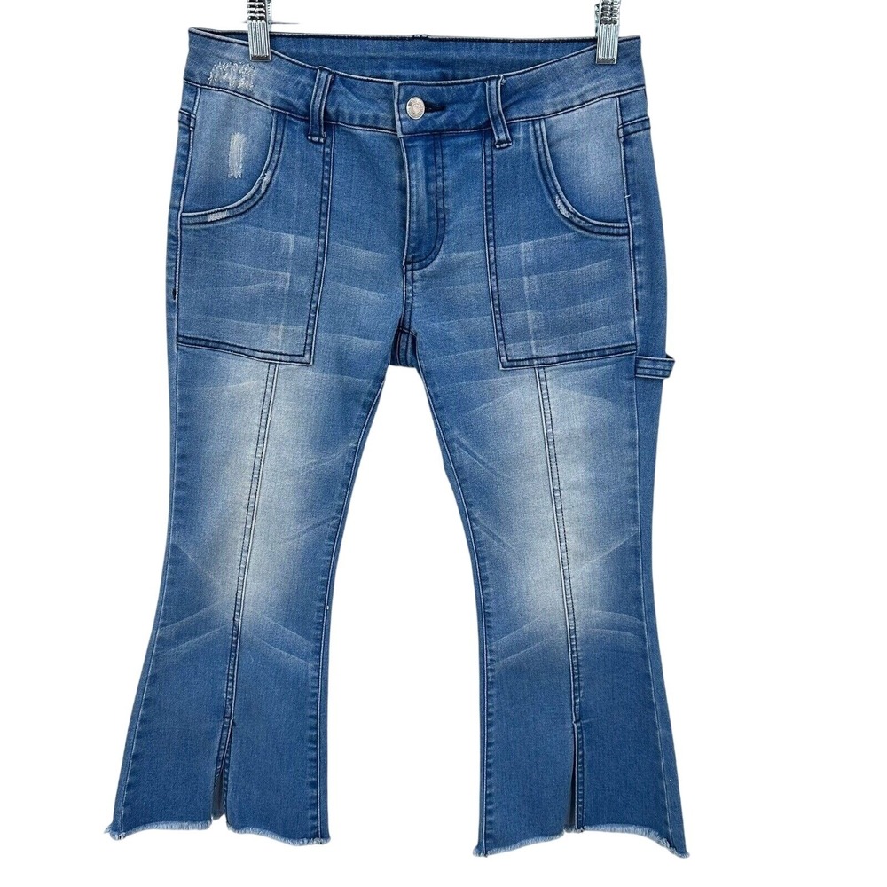 LITZ Premium Denim Blue Crop Flare Carpenter Jean Front Slit Distressed LP-40109